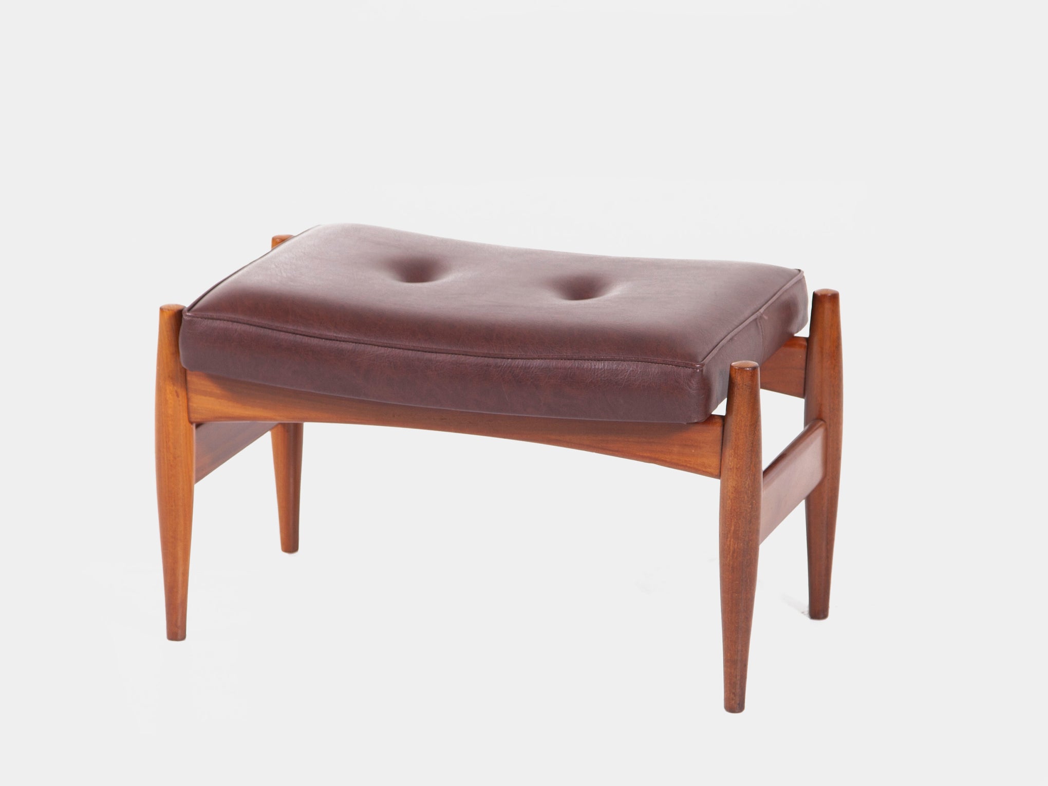 Teak wood ottoman with brown leatherette from Denmark